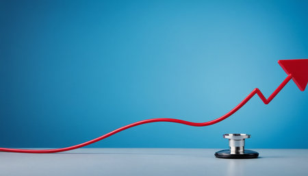 Stethoscope and red arrow on blue background. Concept of financial success.の素材