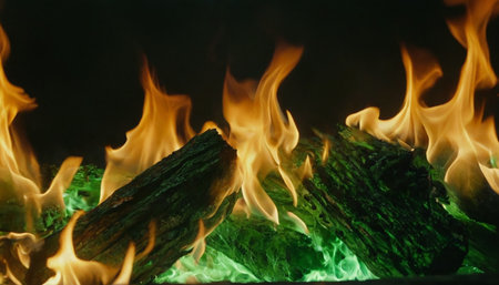 Burning firewood in the fireplace close-up. Abstract backgroundの素材