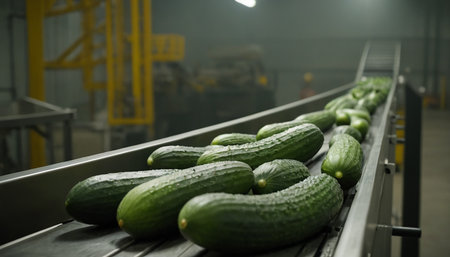Cucumbers on conveyor belt in modern factory. Industrial backgroundの素材