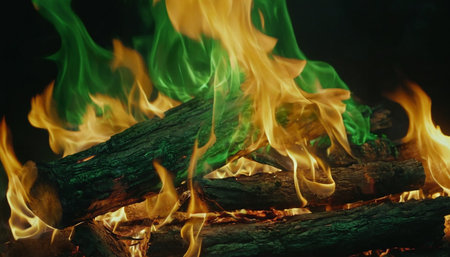 Burning firewood in a campfire close-up. Bonfire backgroundの素材