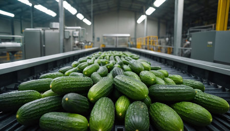 Cucumbers on the conveyor belt in a modern factory.の素材