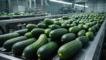 Cucumbers on a conveyor belt in a modern factory.の素材
