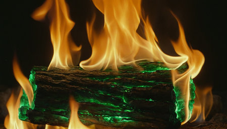 Burning wood in a fire, close-up of firewoodの素材