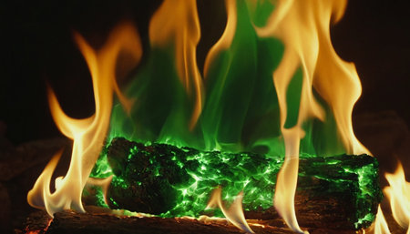 Burning firewood in the fireplace, close-up, horizontalの素材