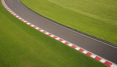 Racing car on the race track with green grass and white lineの素材