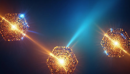 3d illustration of abstract geometric composition with hexagons and rays of lightの素材