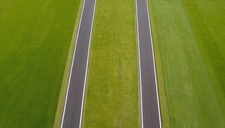 Aerial view of a road in the middle of a green fieldの素材