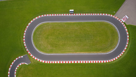 Aerial view of a race track with white and red markings.の素材