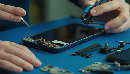 Technician repairing mobile phone with screwdriver and soldering iron.の素材