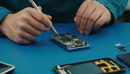 Technician repairing mobile phone. Close-up of hands holding screwdriver and repairing smartphone.の素材