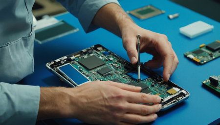 Repairman repairing a laptop. Close-up of hands of technician repairing a laptop.の素材