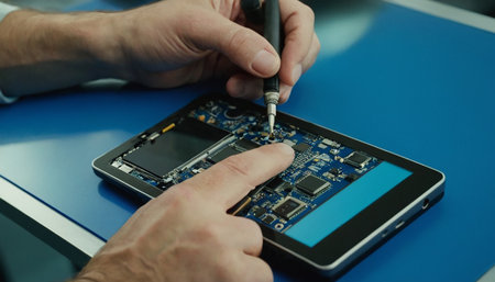 Technician repairing mobile phone with soldering iron. Close-up.の素材