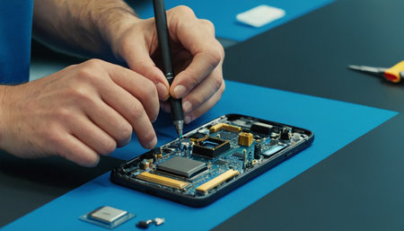 Technician repairing a mobile phone with a screwdriver. Close-up.の素材