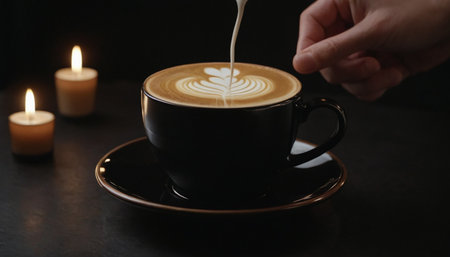 Female hand pouring milk into cup of coffee on table, closeupの素材