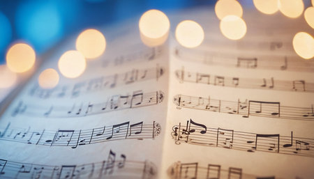 Musical notes with bokeh lights, close-up.の素材