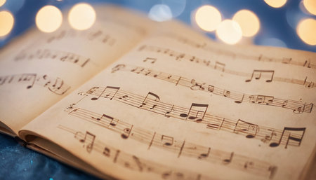 Music book with bokeh lights background. Vintage style toned pictureの素材