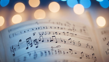 Music book with bokeh background, closeup of musical notesの素材
