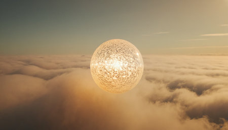 3d render of sunset above the clouds with a spherical glass ballの素材