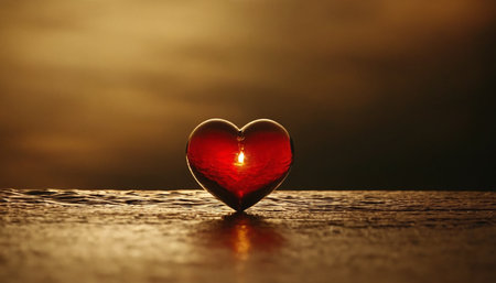 Heart shape candle on the sea at sunset. Valentine's day concept.の素材