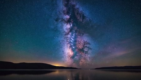 Milky Way over the lake at night, Long exposure photograph, with grainの素材