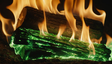 Burning firewood in the fireplace, close-up of fireの素材