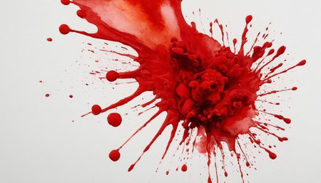 Red paint splashes isolated on white background. Abstract art background.の素材