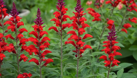 Red salvia flowers blooming in the garden in the summer.の素材