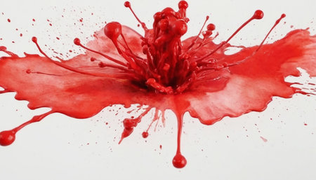 close up of red paint splashing on white background with clipping pathの素材