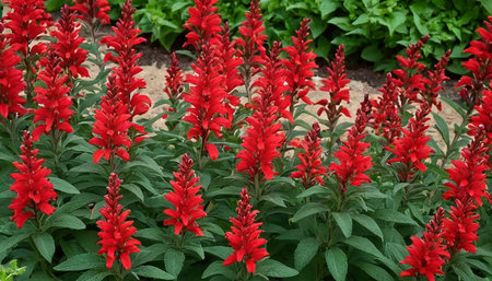 red salvia flowers in the garden on the flowerbed in summerの素材