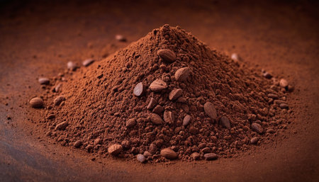 Cocoa powder and cocoa beans on a brown background. Selective focusの素材