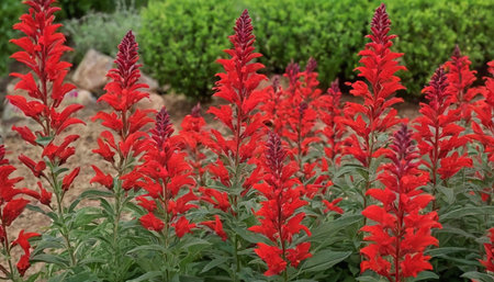 Beautiful red salvia flowers in the garden, close-upの素材
