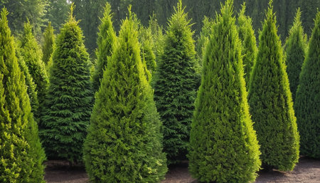 Evergreen coniferous trees in the garden. Green coniferous trees.の素材