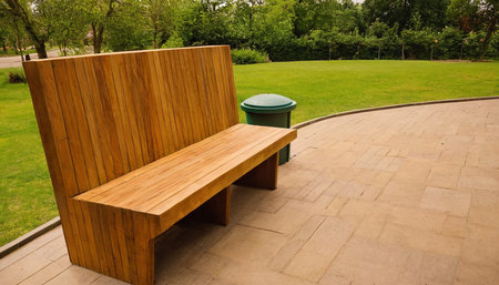 Wooden bench in the garden with green grass and trash can.の素材