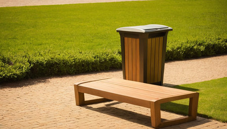 Wooden bench and trash bin in the park with green grass backgroundの素材