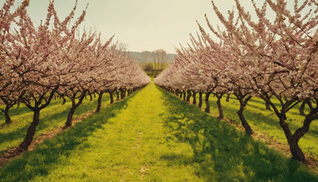 Beautiful blooming peach garden in springtime. Vintage style.の素材