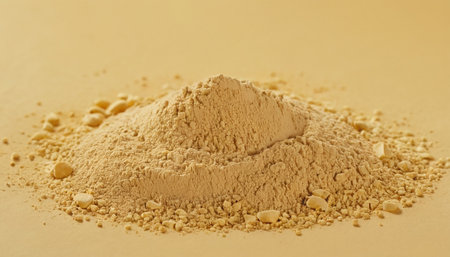 Pile of whey protein powder isolated on a yellow background.の素材