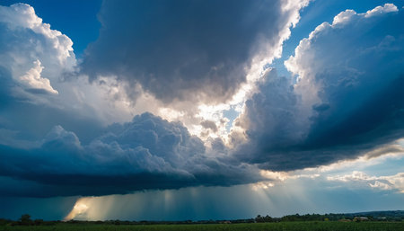 Dramatic sky with dark clouds and sunbeams. Nature backgroundの素材