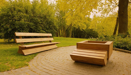 Wooden bench in the park in autumn. Beautiful autumn landscape.の素材
