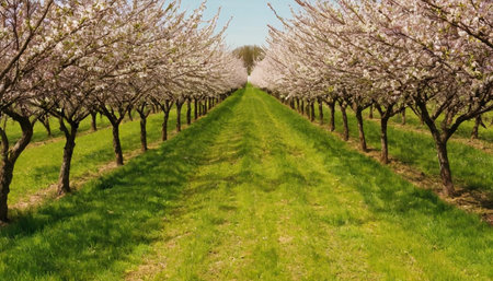 Blossoming almond orchard in springtime, horizontal panoramaの素材