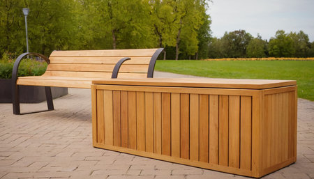 Wooden bench in the park on a background of green grass.の素材