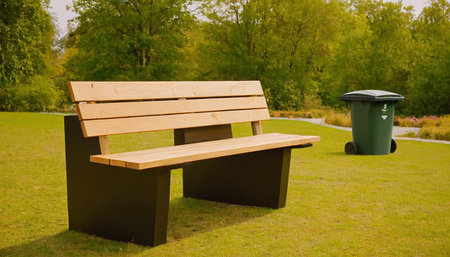 Wooden bench in a park with a trash can and trash canの素材