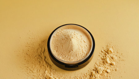 cosmetic powder in a black container on a beige background.の素材