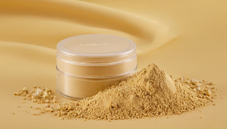 Cosmetic powder in a jar on a yellow satin background.の素材