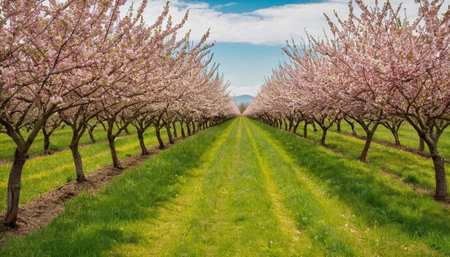 Beautiful spring landscape with blooming peach trees in orchard.の素材