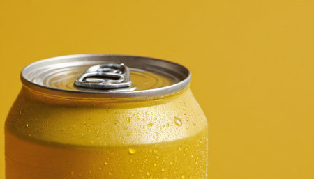 Close up of a beer can with water droplets on yellow backgroundの素材