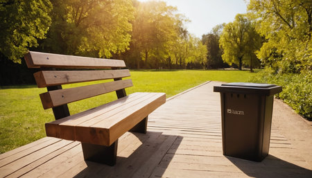 Wooden bench and trash can in the park on sunny day.の素材