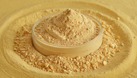 close up of cosmetic clay powder in a glass container on yellow backgroundの素材