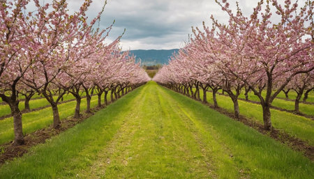 Rows of peach trees in blossom in an orchard.の素材