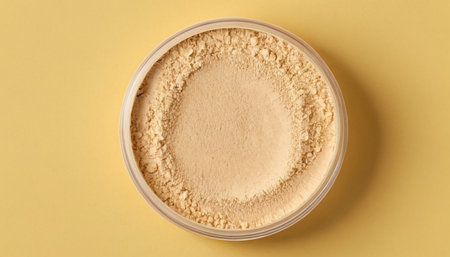 Cosmetic powder in a container on a yellow background, top viewの素材