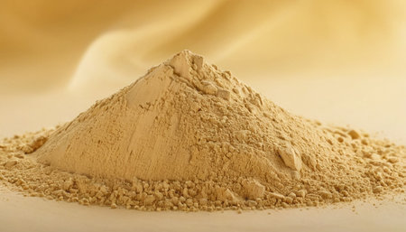 Wheat protein powder in a pile, close-up shot.の素材